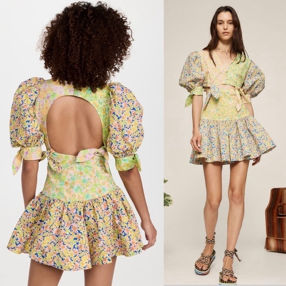 NWT ALEMAIS Daisy Spliced Puff Short Sleeve Cutout Open Back Ruffle Hem Dress 0 - Picture 3 of 16